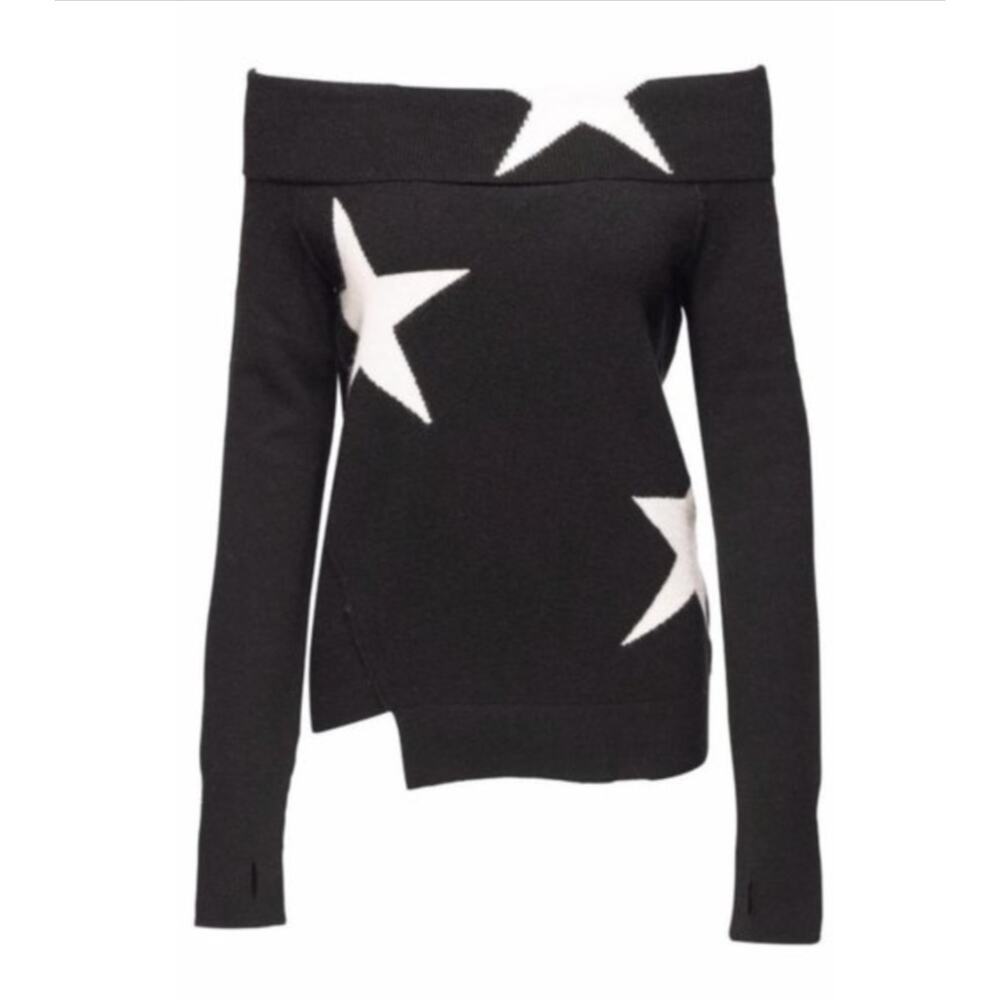 Pam & Gela Black Star Print Off the Shoulder Sweater Wool Blend Size M Medium